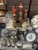 MIXED PEWTER & SILVER-PLATED WARE, assorted glassware, and decorative painted wooden candle stands