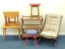 VICTORIAN PAINTED CAST IRON STOOL, Victorian mahogany upholstered rocking chair, oak tea trolley,