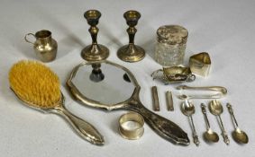ASSORTED SILVER COLLECTABLES, including pair of squat candlesticks, filled bases, 10cms (h); hand
