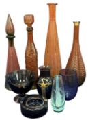 ART GLASSWARE, including four tall, coloured decanters, 49cms (h) the larger; grey bowl and vase