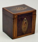 GEORGE III SATIN WOOD BANDED MAHOGANY TEA CADDY, front inlaid with an urn, hinged cover inlaid