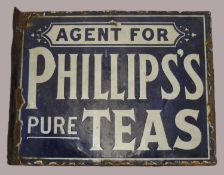 PHILLIP'S PURE TEAS ENAMELLED DOUBLE-SIDED ADVERTISING SIGN, 43 x 33.5cms Provenance: private