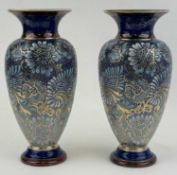 PAIR OF DOULTON LAMBETH STONEWARE VASES of baluster form, early 20th century, blue, white, and