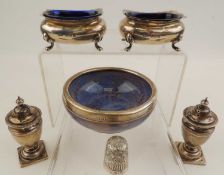 PAIR OF SILVER PEPPERETTES, Birmingham 1894; together with a pair of silver salts by Walker &