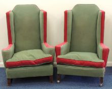 TWO SIMILARLY UPHOLSTERED HIGH BACK WING ARMCHAIRS, late 19th century, 127 (h) x 87 (w) x 83cms (