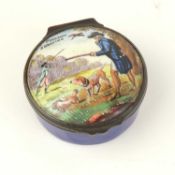 BILSTON ENAMEL CIRCULAR BOX, 19th century, the circular hinged lid decorated with men and dogs,