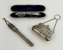 SILVER COLLECTABLES GROUP, comprising Victorian silver spectacle case, monogrammed and ornately