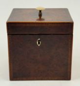 GEORGE III BURR WOOD TEA CADDY, checkered and banded stringing, hinged cover with ivory