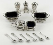 GROUP OF SILVER CONDIMENTS, pair of gadrooned two-handled open salts with blue glass liners, on