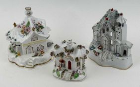 STAFFORDSHIRE PORCELAIN PASTILLE BURNER, modelled as a house having floral encrusted decoration