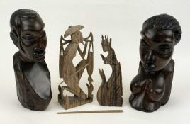 TRIBAL ART: PAIR OF AFRICAN CARVED HARDWOOD BUSTS of a man and woman, 27cms (h); together with