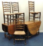TWO GEORGE V OAK BARLEY TWIST GATELEG TABLES, 103 and 106cms (w); together with a set of four ash
