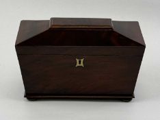 MAHOGANY SARCOPHAGUS FORM DOUBLE TEA CADDY, 19th century, interior with twin lidded compartments and