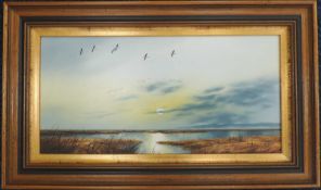 JOS HILLIARD (b. 1945) oil on board - entitled verso 'Pinks in the Evening Glow (Pink Fleet Geese)',