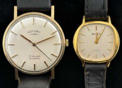 GENT'S ROTARY GOLD PLATED WRISTWATCH, on a leather strap; together with a Bulova quartz ladies'
