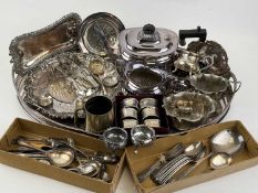 ASSORTED PLATED ITEMS, including oval Sheffield plate tea tray with pierced gallery rim, 56 x 37cms;