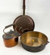 19TH CENTURY METALWARE, oval copper kettle, 24cms (h); heavy gauge circular brass two-handled