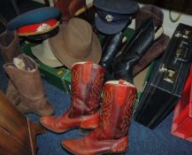 FOOTWEAR & ACCESSORIES, including six pairs of cowboy boots, two felt outdoor hats, tin travel