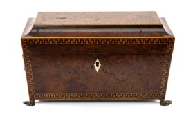 GOOD BURR YEW & BOXWOOD TEA CADDY, sarcophagus form with Greek key borders, interior with two hinged