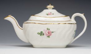 SWANSEA PORCELAIN TEAPOT of rounded rectangular form, with basket weave moulding, decorated in