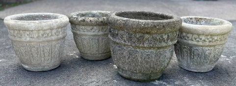 THREE COTSTONE ROUND PLANTERS, stamped A16, 30 (h) x 35cms (dia.) plus one similarly patterned but