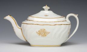 SWANSEA PORCELAIN TEAPOT of rounded rectangular form, with basket weave and fluted moulding to