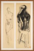 ‡ PETER W. NICOLAS (1934-2015) charcoal on paper (a pair) - untitled, pair of nudes sat on stools,
