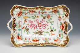 SWANSEA PORCELAIN TWIG-HANDLED CENTRE DISH, pattern no. #, in the Imari taste, iron-red Swansea