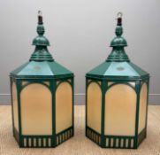 PAIR OF LARGE CARDIFF MARKET PAINTED COPPER LANTERNS, hexagonal section, manufactured by D.W.