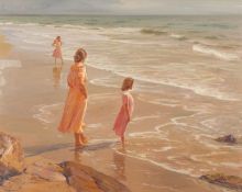 F. SERRA oil on canvas - figures on a beach with receding tide, signed, 63.5 x 80cms Provenance: