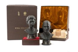 PAIR ROYAL DOULTON COMMEMORATIVE BLACK BASALT ROYAL PORTRAIT BUSTS, H.M. Queen Elizabeth II and H.