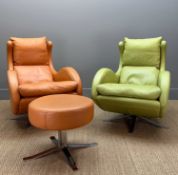 TWO CONTEMPORARY FAMA 'LENNY' SWIVEL ROCKING CHAIRS, one upholstered in burnt orange, the other in