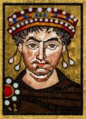 ROMAN BYZANTINE STYLE MOSAIC PANEL, 20th century, depicting emperor Justinian, after the original in