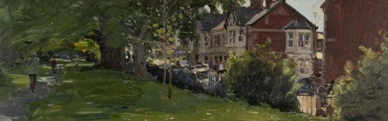 ‡ PETER BROWN NEAC (b.1967) oil on board - entitled verso, 'Roath Mill Gardens and Sandringham Road'