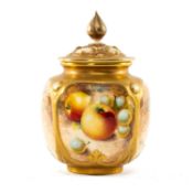 ROYAL WORCESTER PORCELAIN POTPOURRI VASE & COVER, painted with autumn fruit in four panels framed in