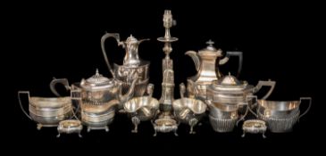 ASSORTED ELECTROPLATED TABLEWARE, including two 4-piece tea and coffee services, octagonal section