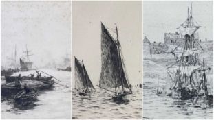 WILLIAM LIONEL WYLLIE three drypoint etchings - fishing boats under sail, barges in a river