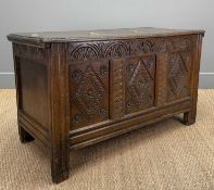 LATE 17TH C. TRIPLE PANEL CARVED OAK COFFER, top with later applied hinges to the middle, rear