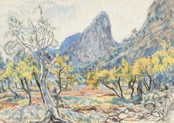 EDGAR HOLLOWAY (1914-2008) mixed media - entitled, 'Near Bunyola, Majorca', signed and dated 1988,