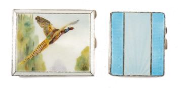 ELIZABETH II SILVER & ENAMEL CIGARETTE CASE, the cover depicting a pheasant in flight, Birmingham