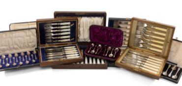 ASSORTED CASED SILVER & PLATED KNIFE, FORK & SPOON SETS, including set silver fruit knives & forks