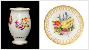 SWANSEA PORCELAIN DISH & VASE, c.1815-17, locally painted with large spray of summer flowers to