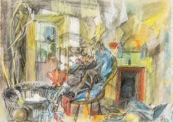 ‡ RAY HOWARD JONES mixed media - interior scene with fireplace, signed and dated '76, 29 x 41cms
