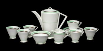 SHELLEY 'EVE' ART DECO COFFEE SERVICE, pattern 12133 with green and platinum bands, six coffee