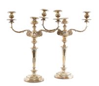 PAIR OF SILVER WILLIAM IV CANDELABRA, Creswick & Company, Sheffield 1830, with half-fluted sconces