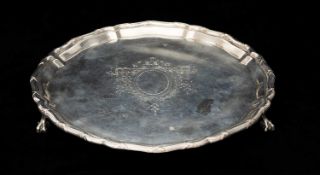 GEORGE V SILVER WAITER, Mappin & Webb, Sheffield 1921, shaped ribbon & reed border, engraved oval