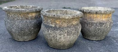 THREE WILLOWSTONE ROUND PLANTERS, stamped T5, 33 (h) x 37cms (dia.) (3) Provenance: private