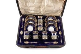 CASED EDWARD VII SILVER-MOUNTED COPELAND BONE CHINA COFFEE SERVICE, Walker & Hall, Chester 1907,