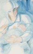 CLAUDIA WILLIAMS (1933-2024) pastel and watercolour - portrait of woman holding a baby, signed, 52 x