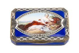 19THC. CONTINENTAL ENAMEL & SILVER GILT SNUFF BOX, domed hanged cover painted with reclining